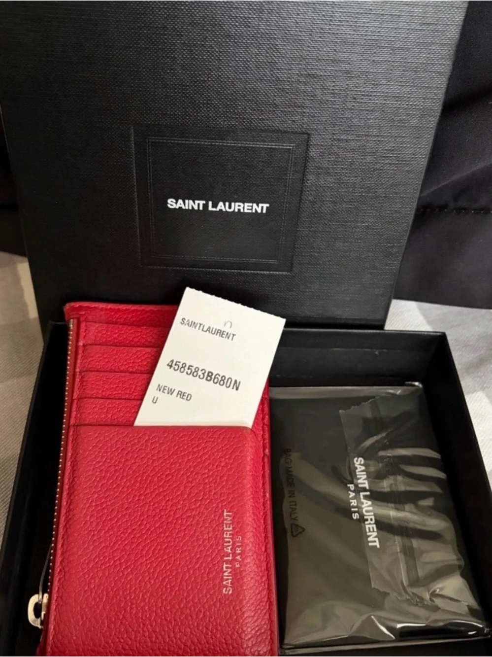 Authentic Saint Laurent New Red Pebbled Leather Card Wallet with Zip - Picture 2 of 7